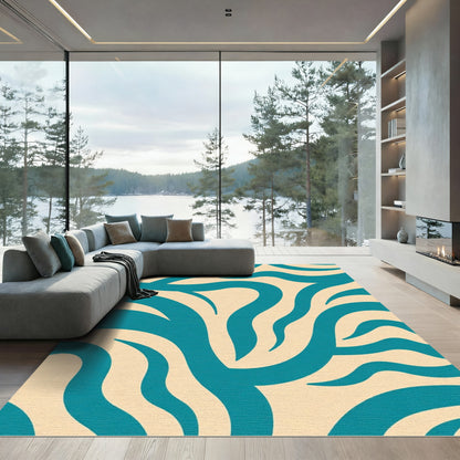 Teal Cream Curving Stripe Abstract Rug