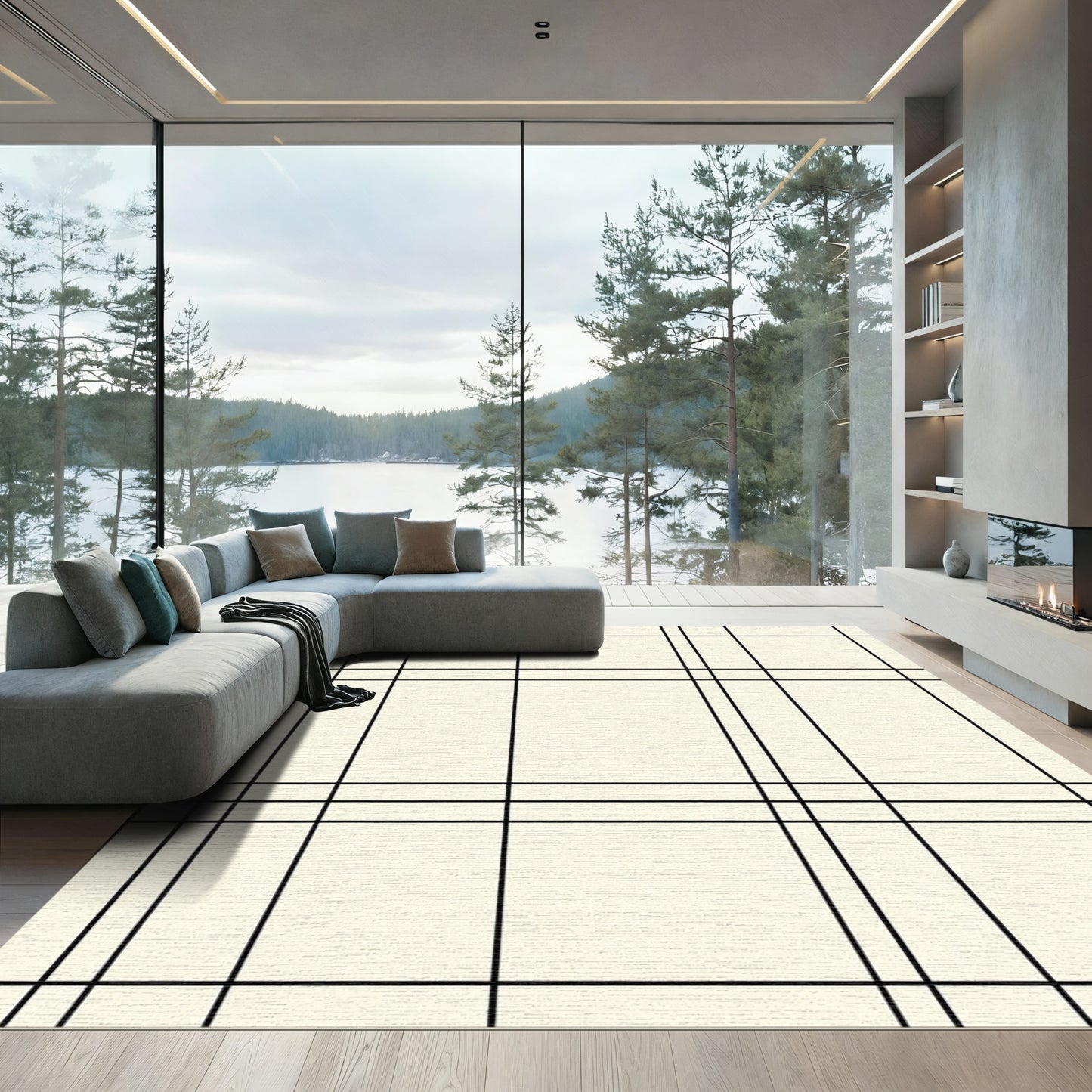 Minimalist Ivory Black Grid Rug