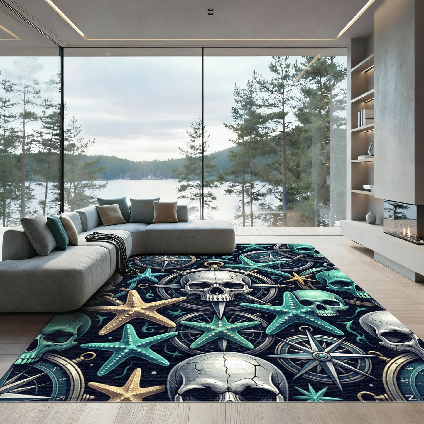 Gothic Nautical Compass Skull Starfish Rug