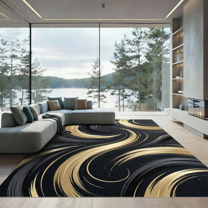 Black Gold Swirl Abstract Art Rug