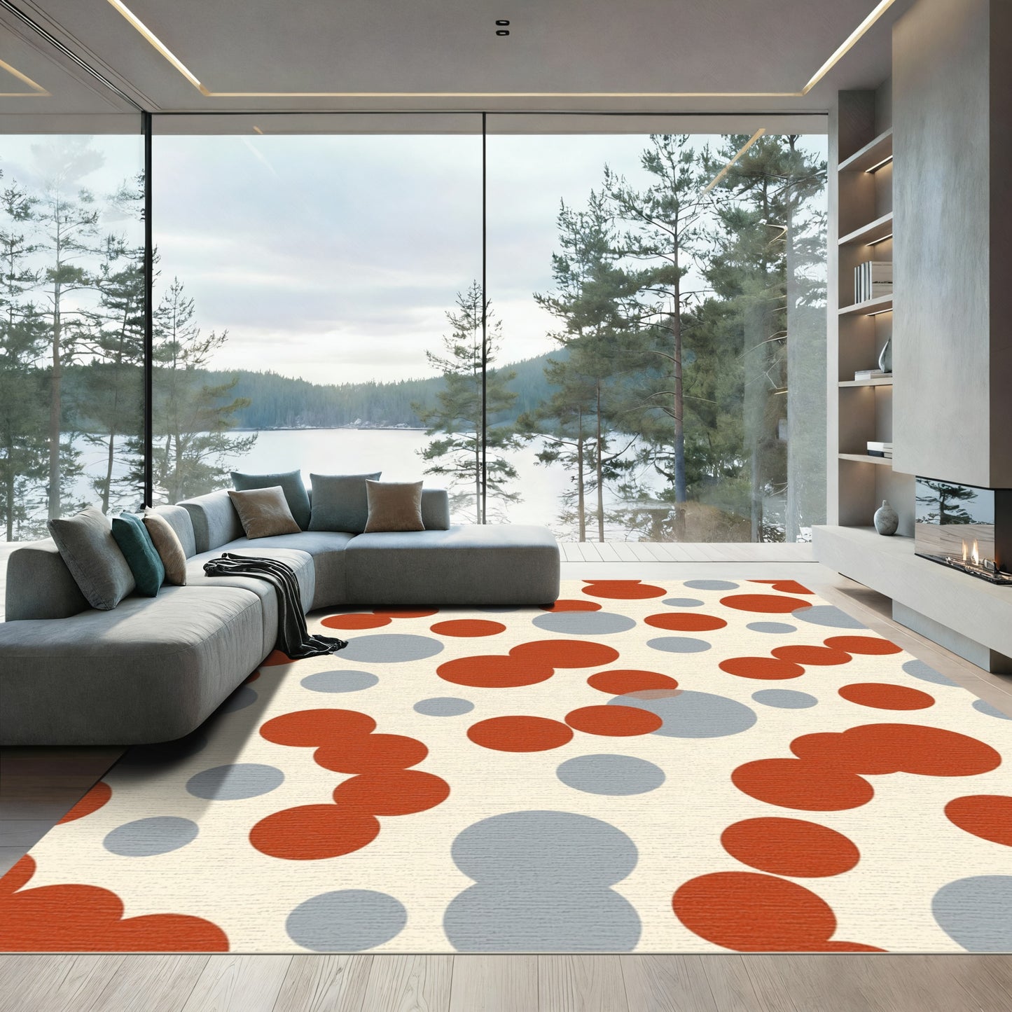 Red Gray Circles Scattered Composition Rug
