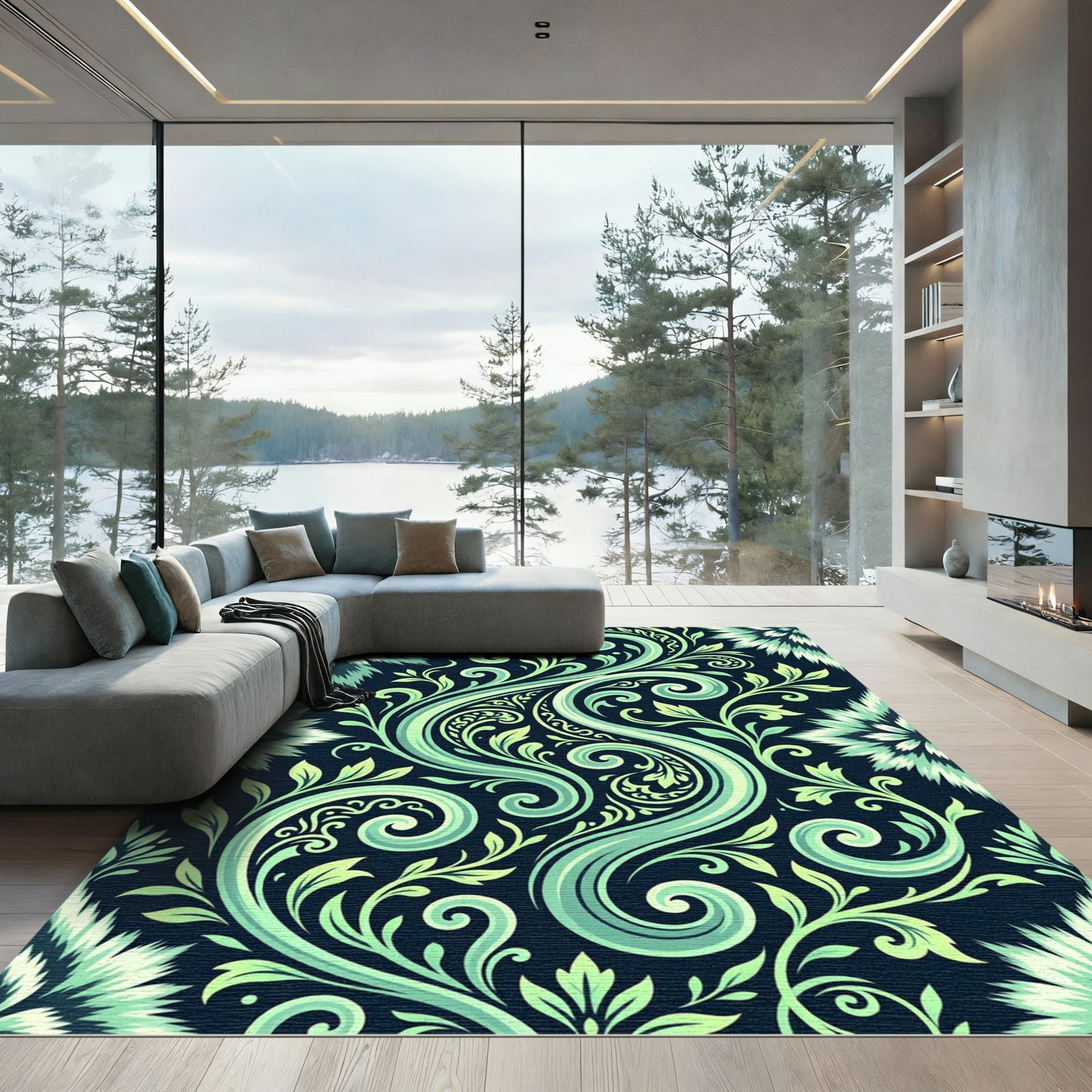 Teal Swirl Floral Vine Composition Rug