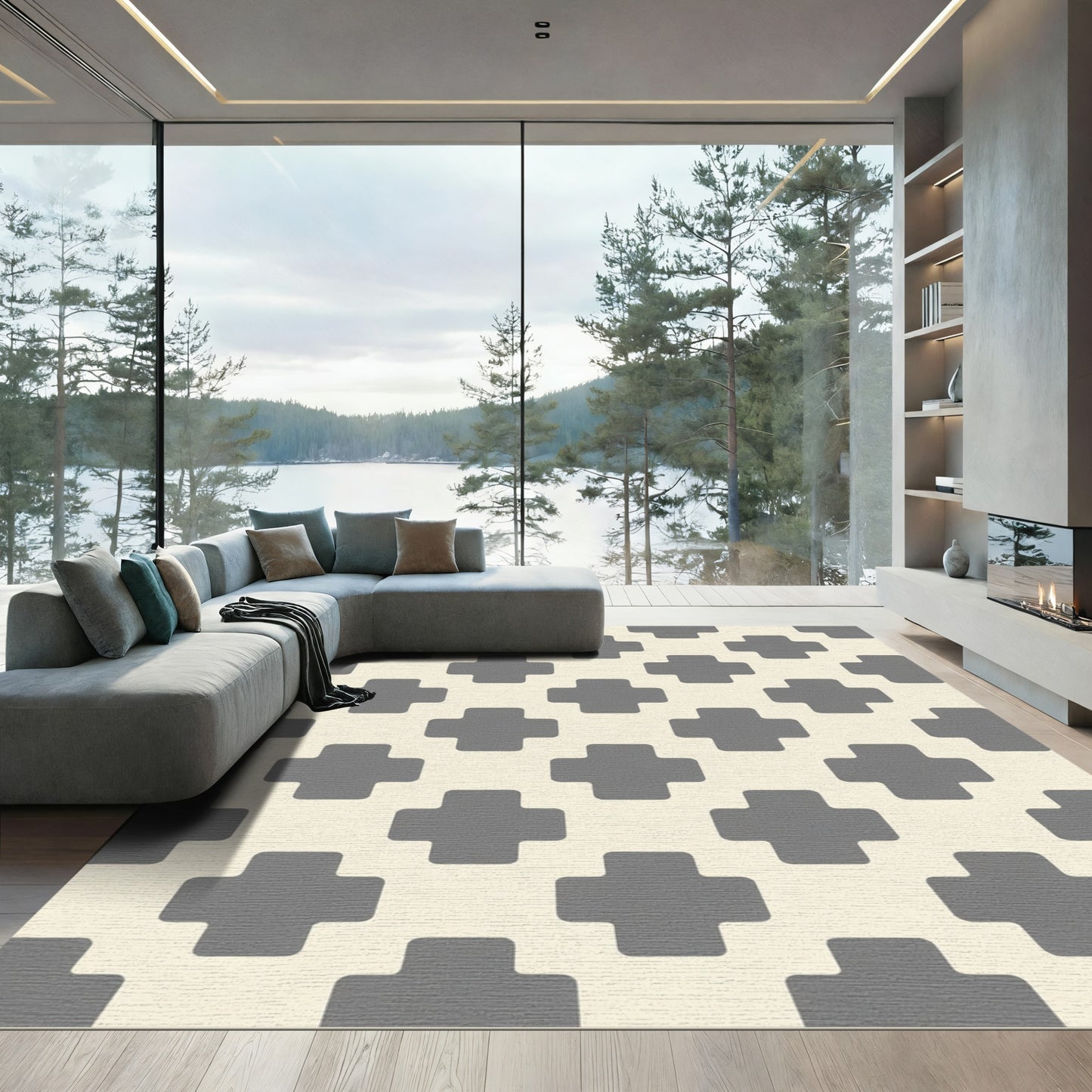 Neutral Gray Cross Lattice Rug