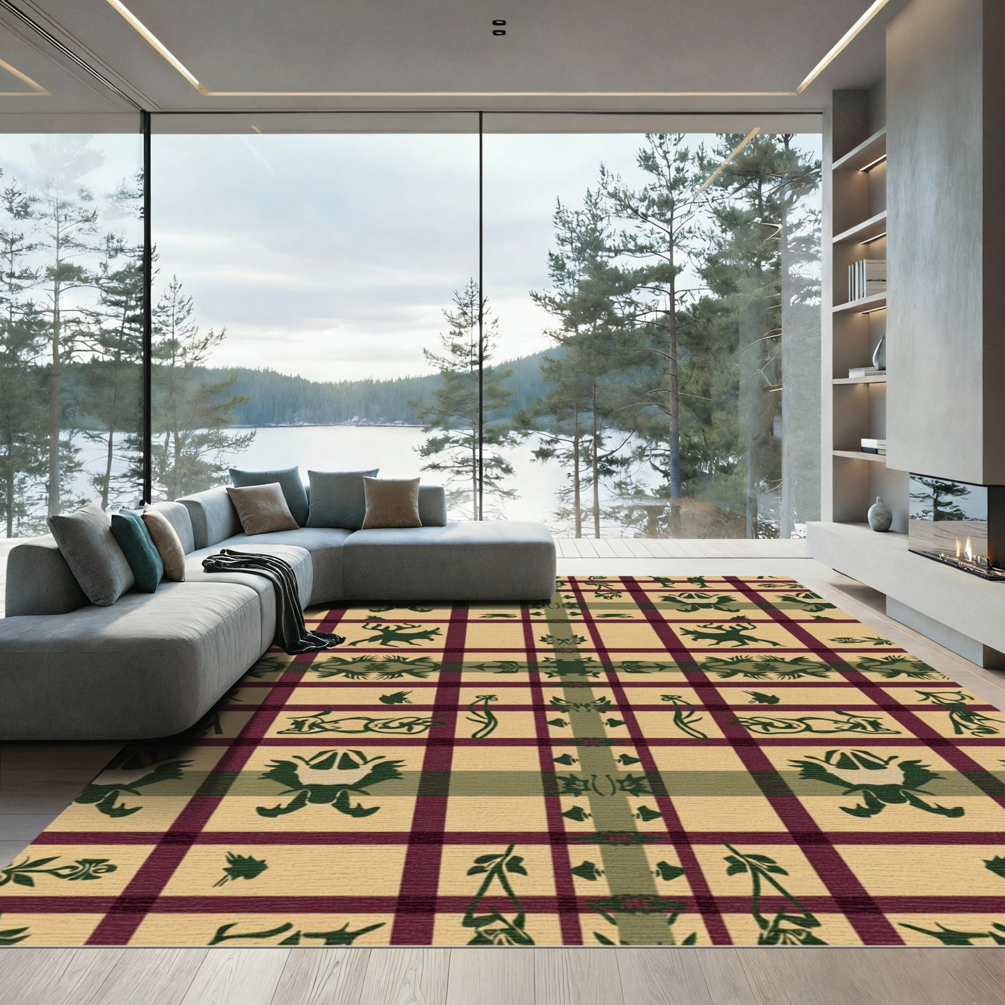 Crimson Plaid Folk Art Creatures Rug