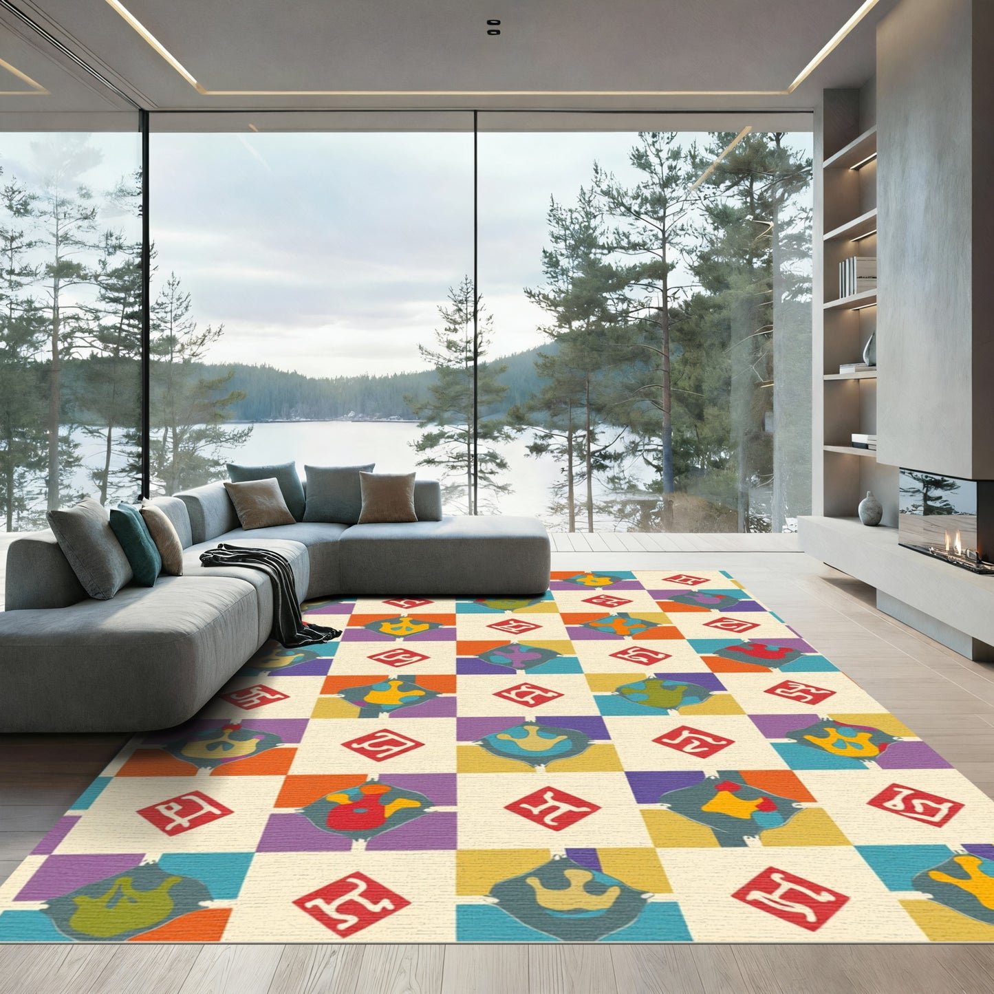 Colorful Geometric Diamond and Crown Rug