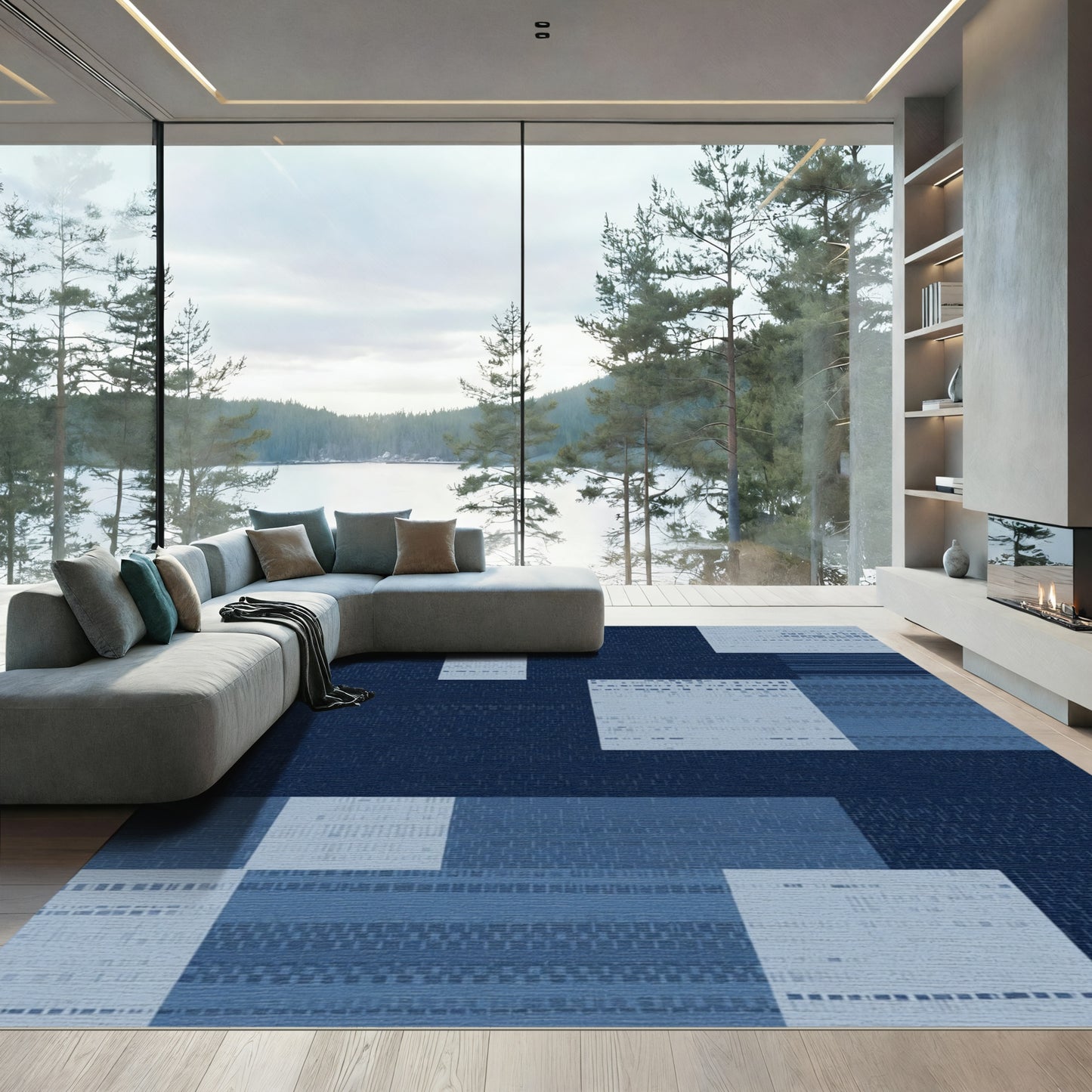 Midnight Blue Geometric Abstract Blocks Rug