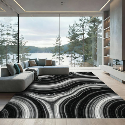 Chic Black White Agate Swirl Rug