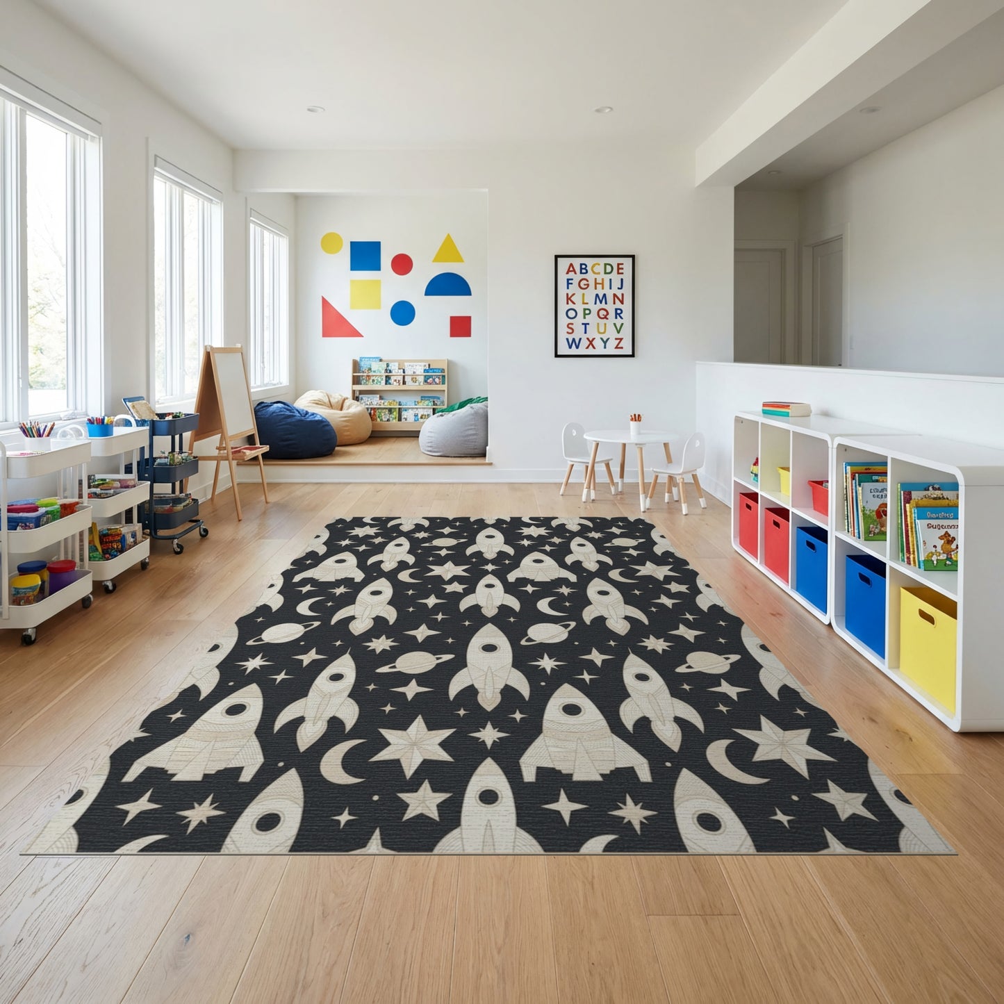 Retro Rocket Star Moon Planet Rug