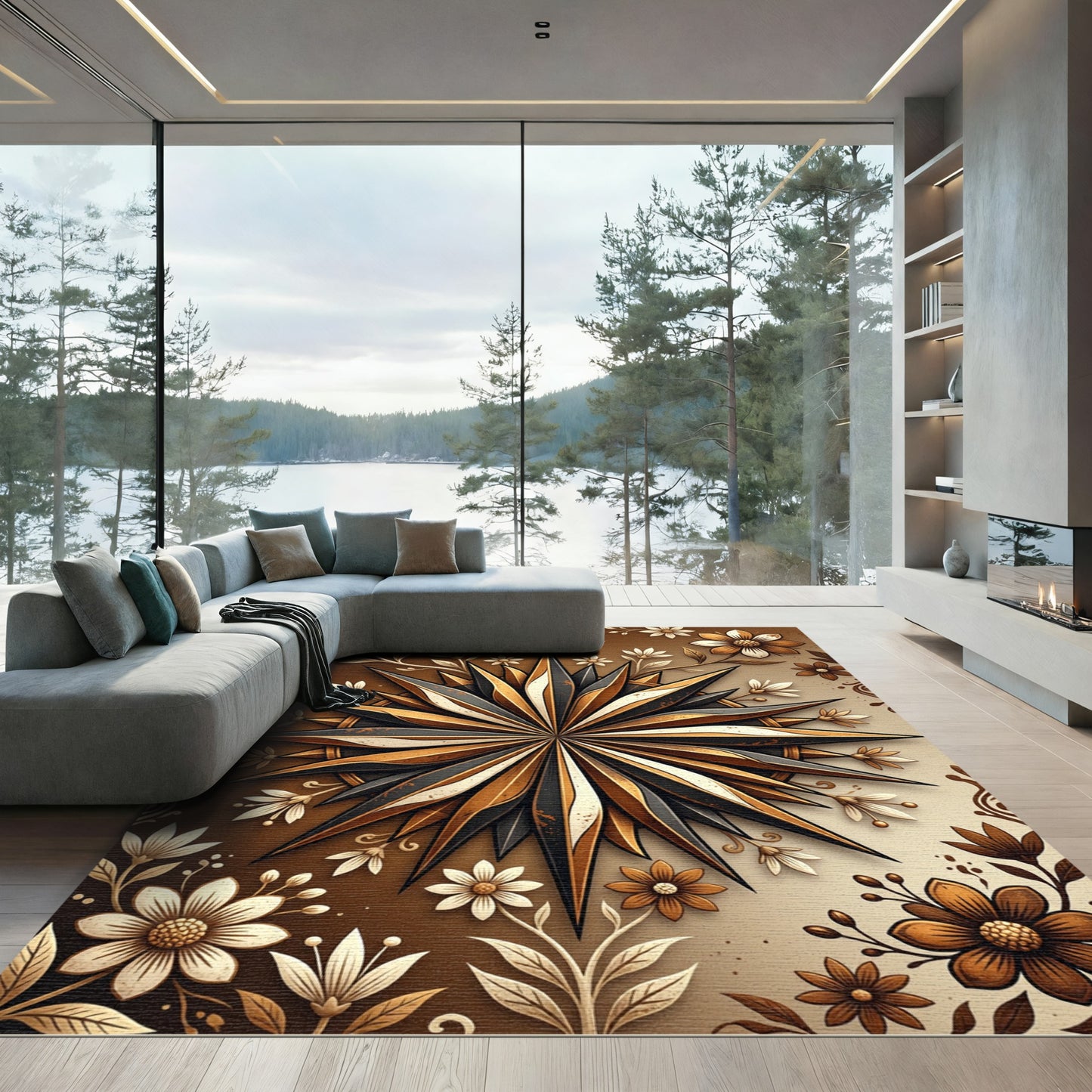Dramatic Gold Black Starburst Floral Rug