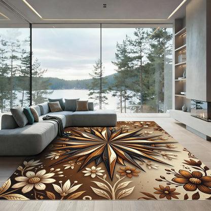 Dramatic Gold Black Starburst Floral Rug