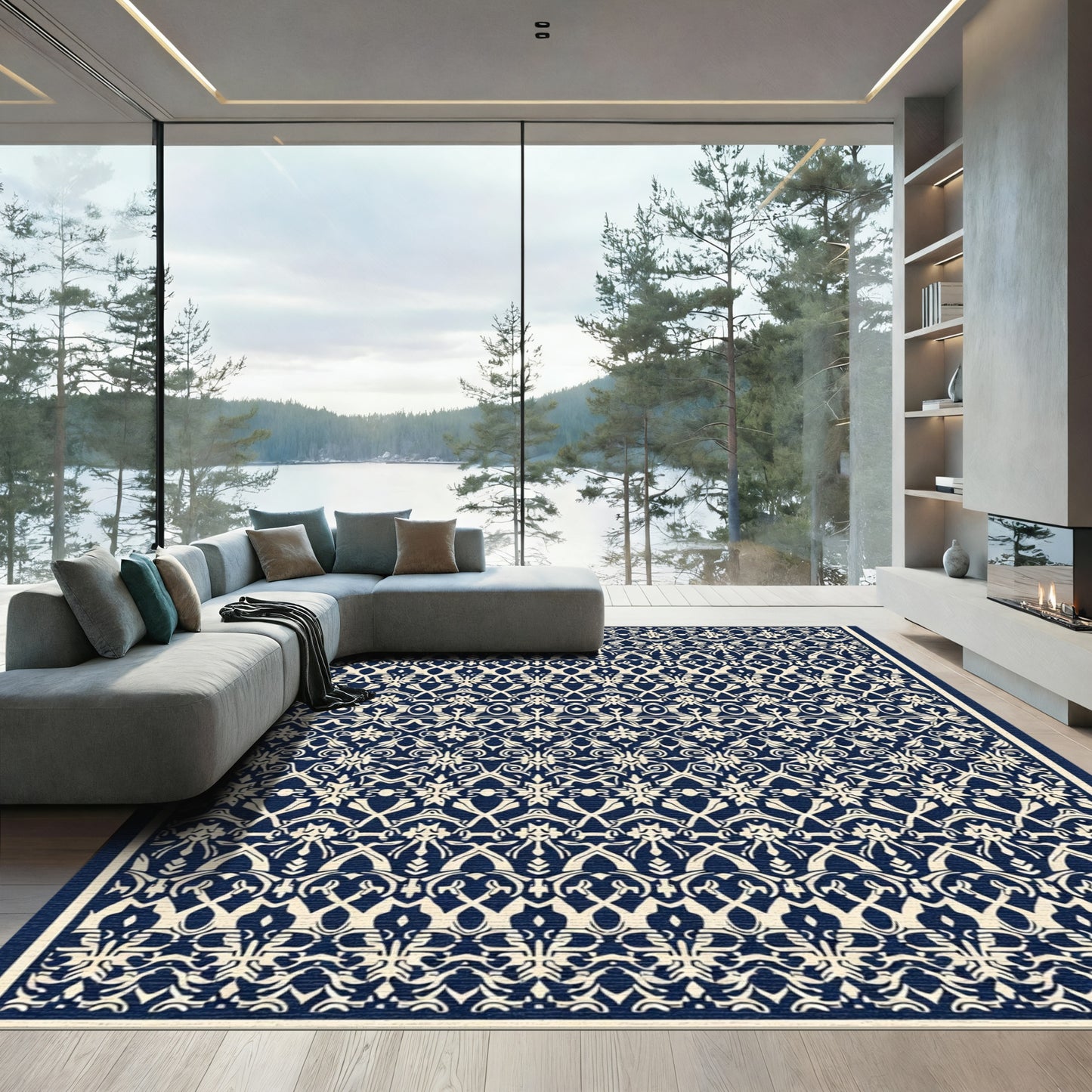 Navy Cream Intricate Floral Band Rug