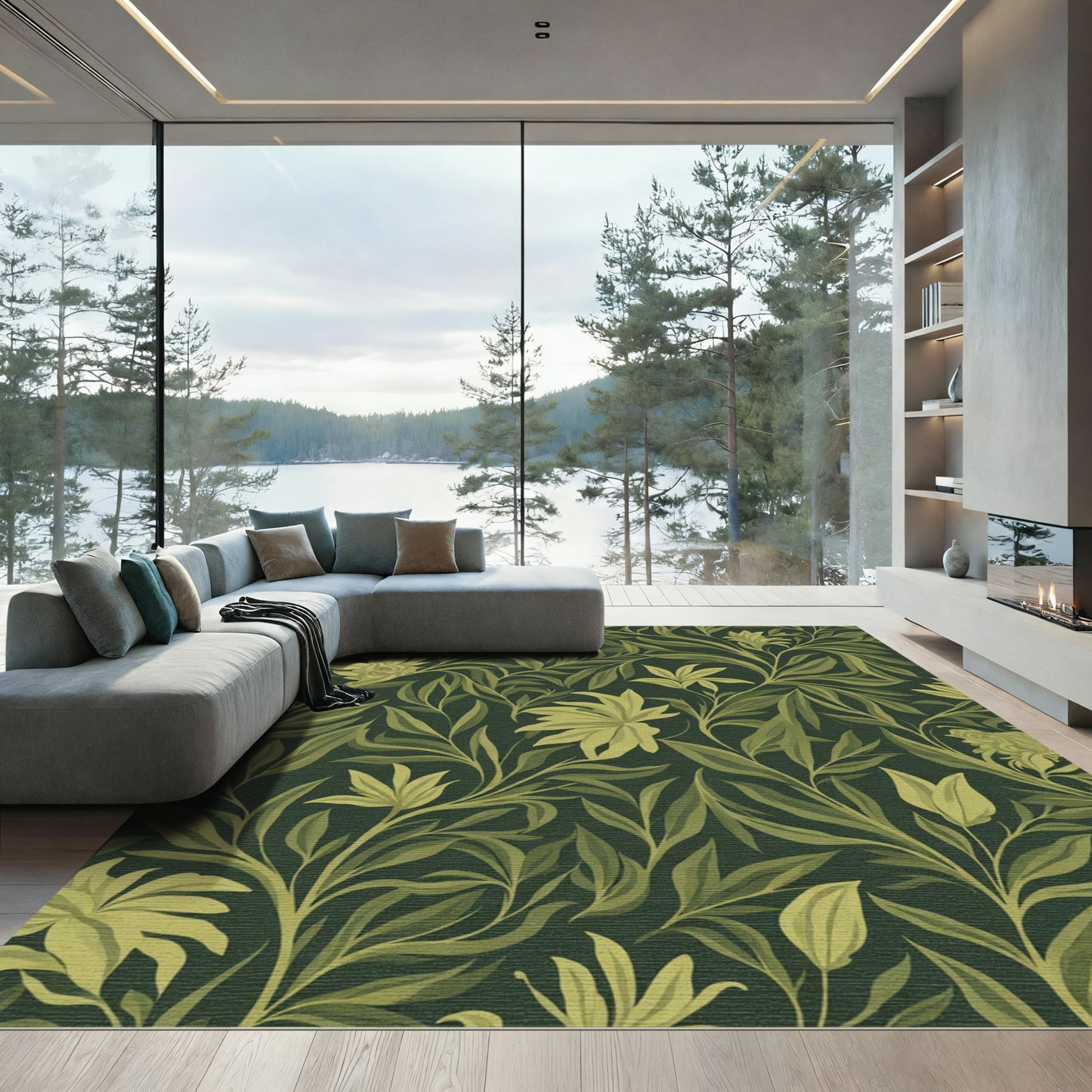Dark Green Ochre Floral Vine Rug