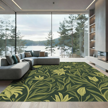Dark Green Ochre Floral Vine Rug