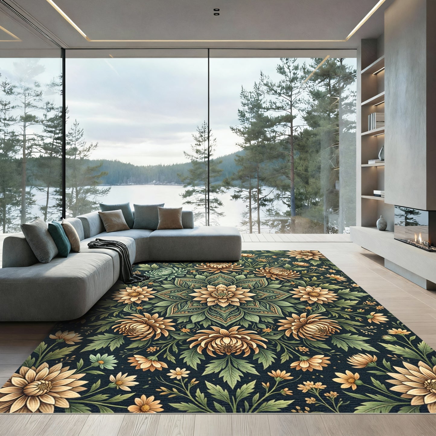 Sage Green Golden Chrysanthemum Floral Medallion Rug