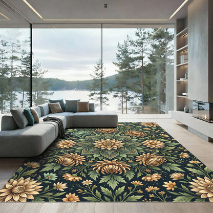 Sage Green Golden Chrysanthemum Floral Medallion Rug