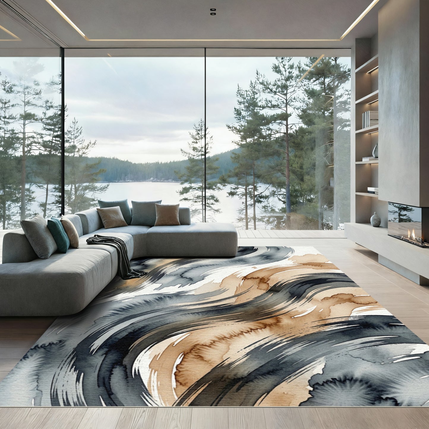 Earthy Blue Abstract Swirling Waves Rug