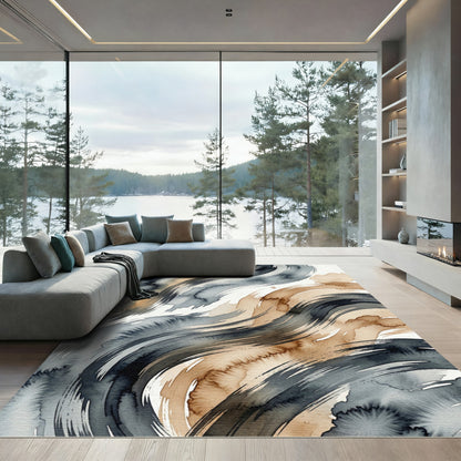 Earthy Blue Abstract Swirling Waves Rug