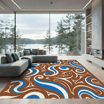 Brown Blue White Swirls Abstraction Rug