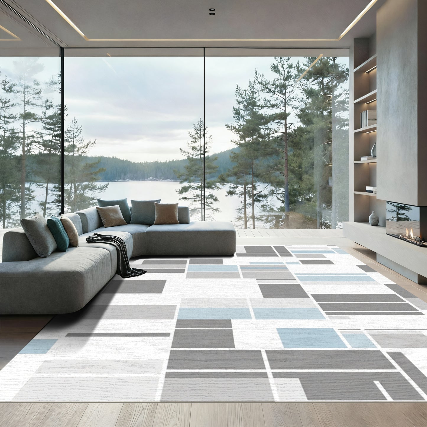 Abstract Geometric Blue Gray Rectangles Rug