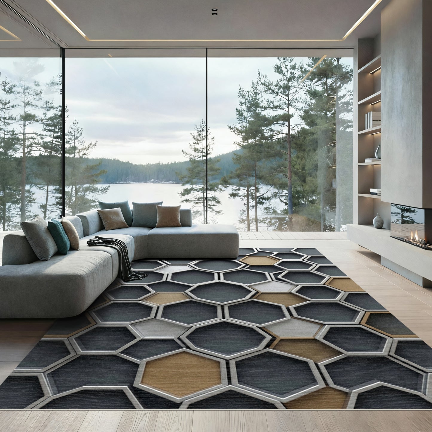 Modern Industrial Bronze Gray Geometric Hexagon Rug