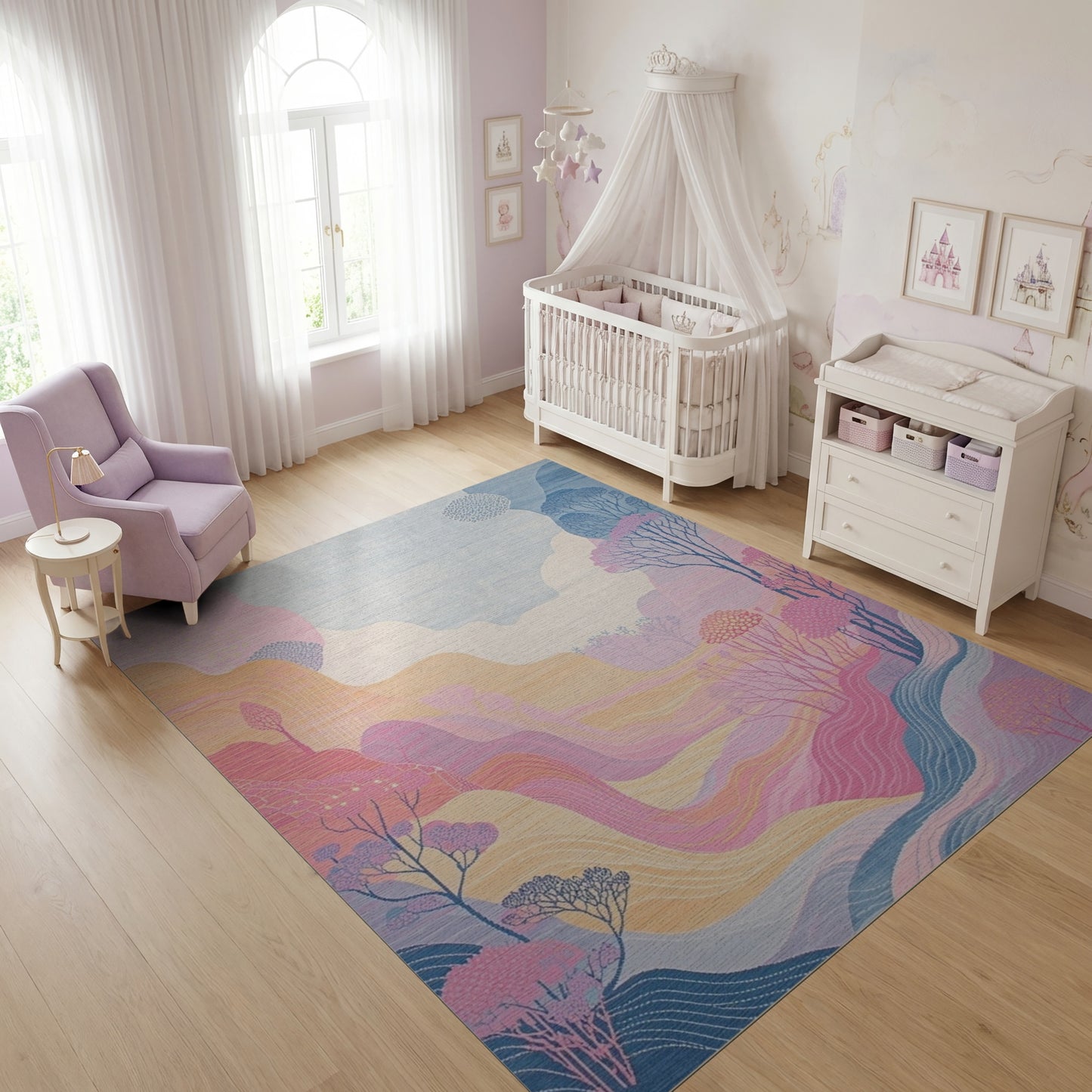 Dreamy Wavy Pastel Mountain Trees Rug