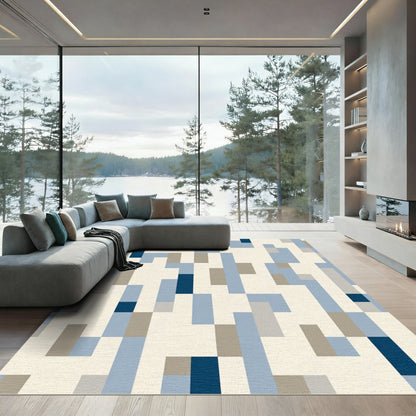 Geometric Blocks in Blue and Tan Rug