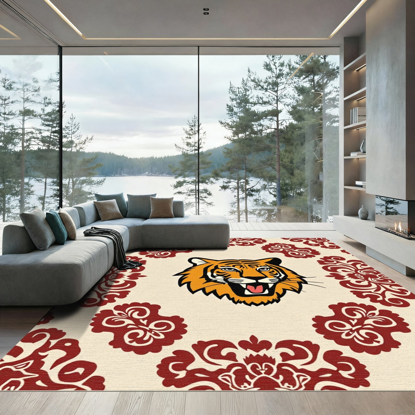 Crimson Floral Tiger Portrait Rug