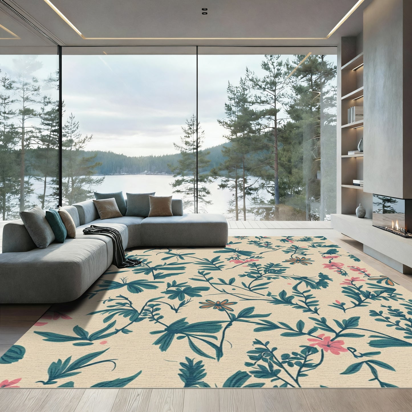 Beige Coral Blue Botanical Garden Rug