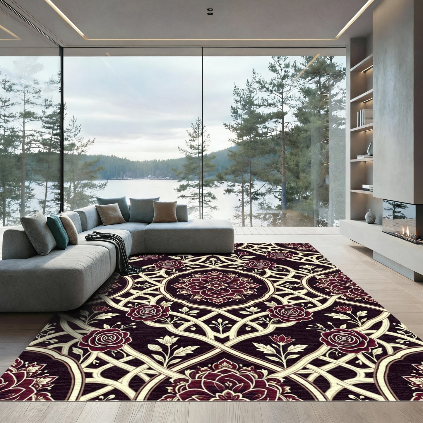 Deep Crimson Rose Intricate Lattice Oval Rug