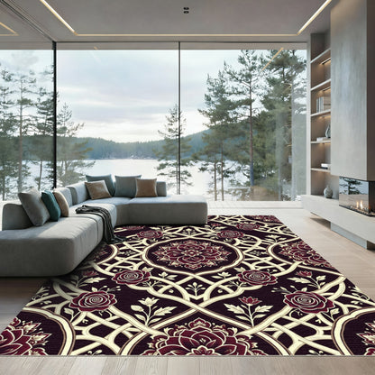 Deep Crimson Rose Intricate Lattice Oval Rug