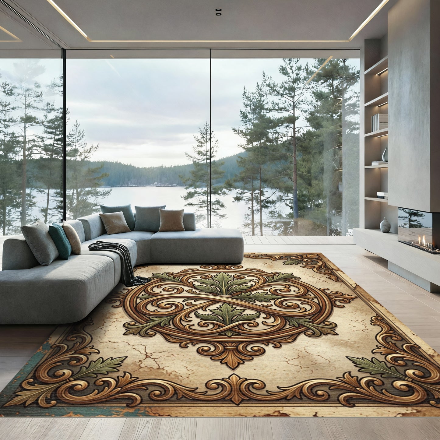 Vintage Gold Leaf Filigree Circular Medallion Rug