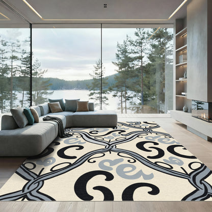 Black Gray Cream Script Lattice Rug