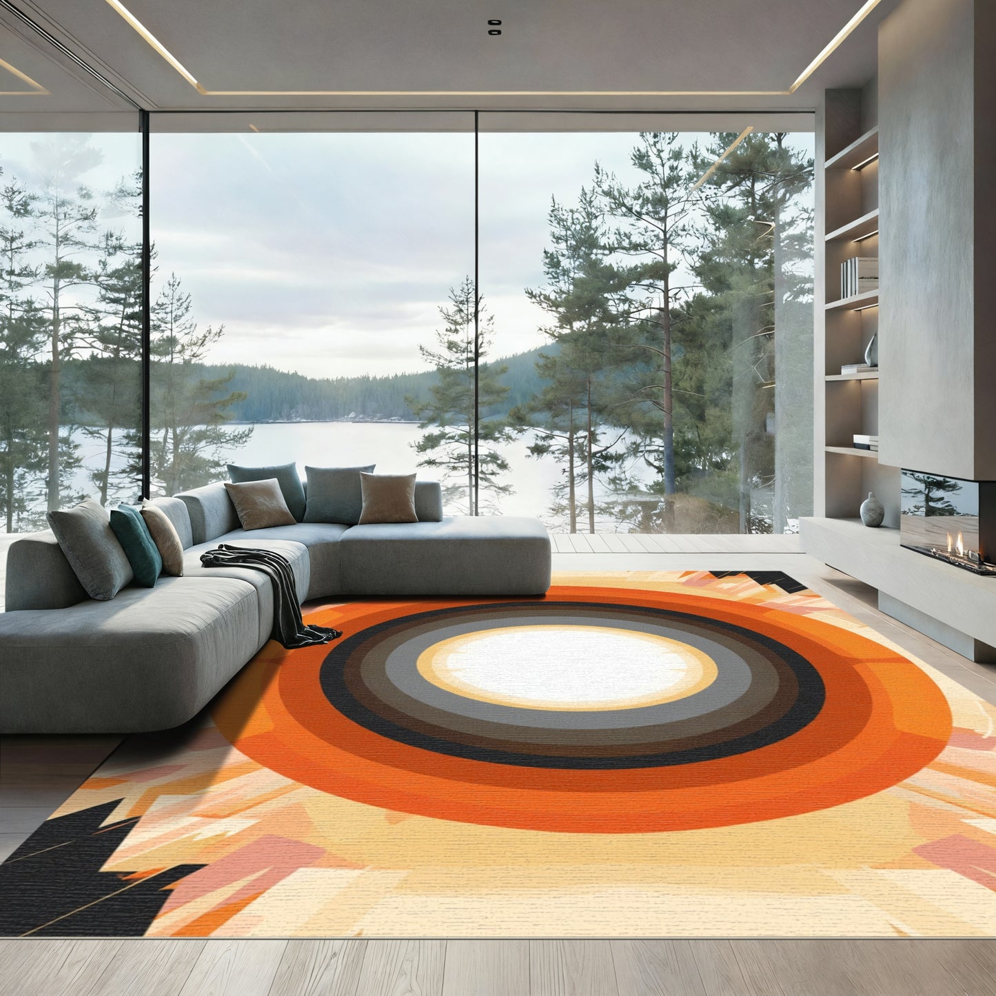 Fiery Concentric Circles Sunburst Rug