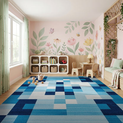 Modern Navy White Geometric Blocks Rug