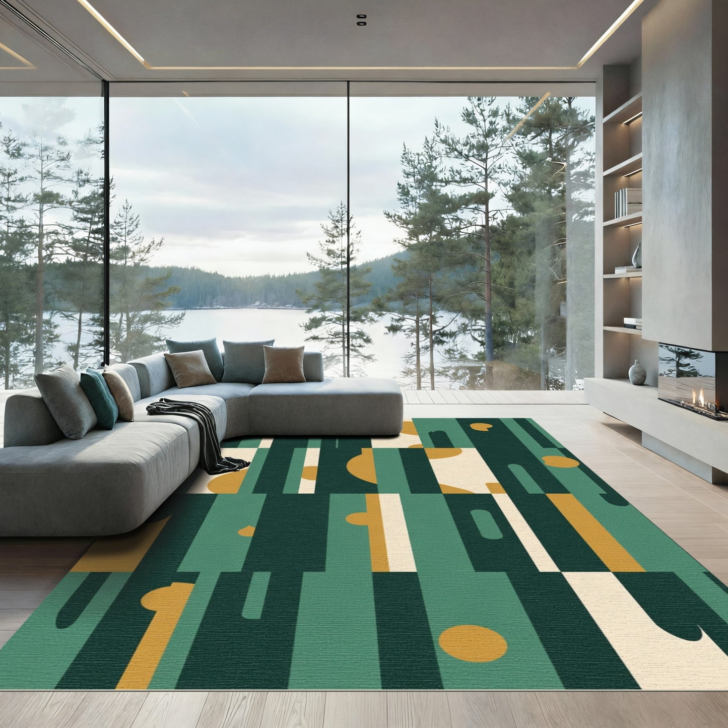 Teal Mustard Abstract Geometric Blocks Rug