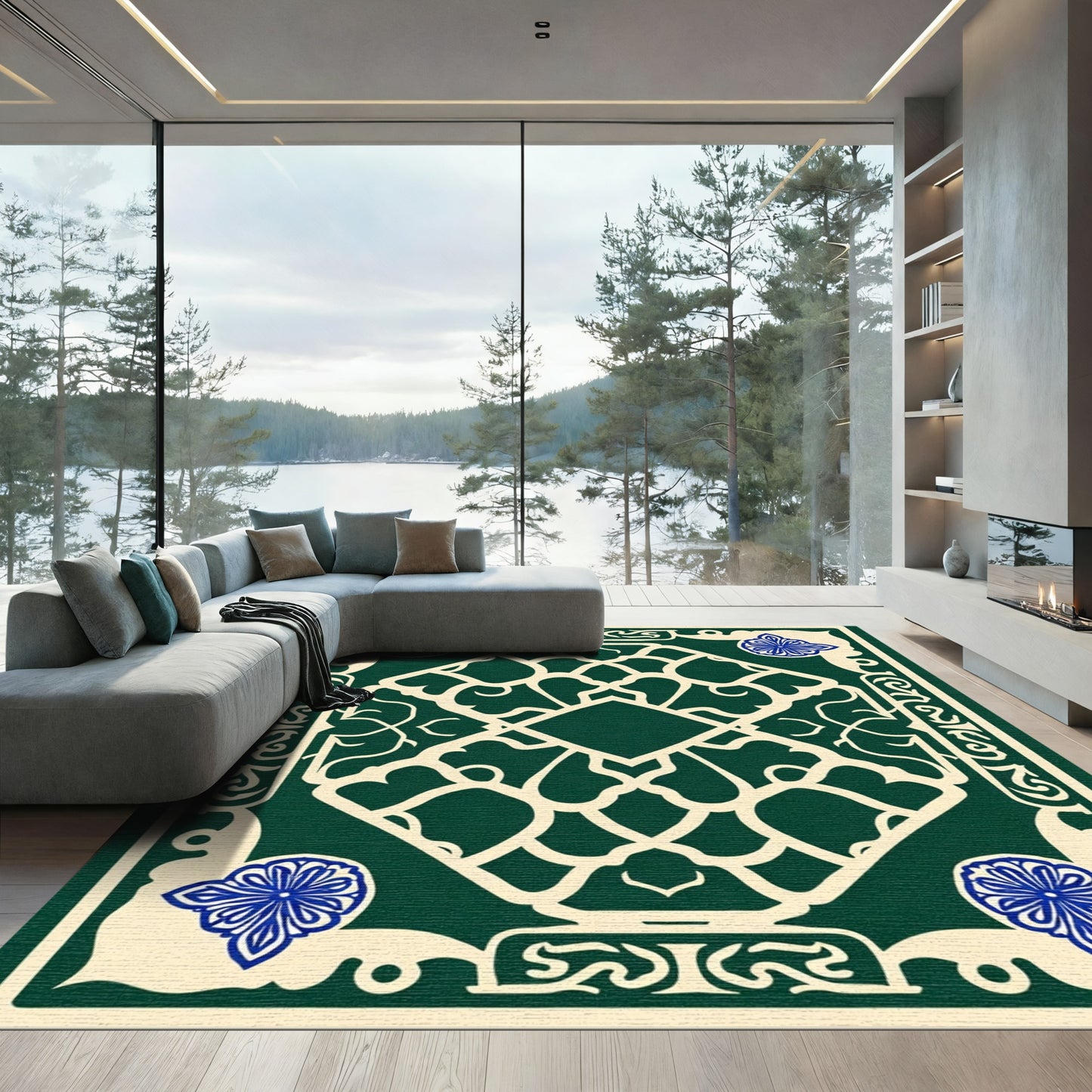 Deep Emerald Cream Lattice Floral Rug