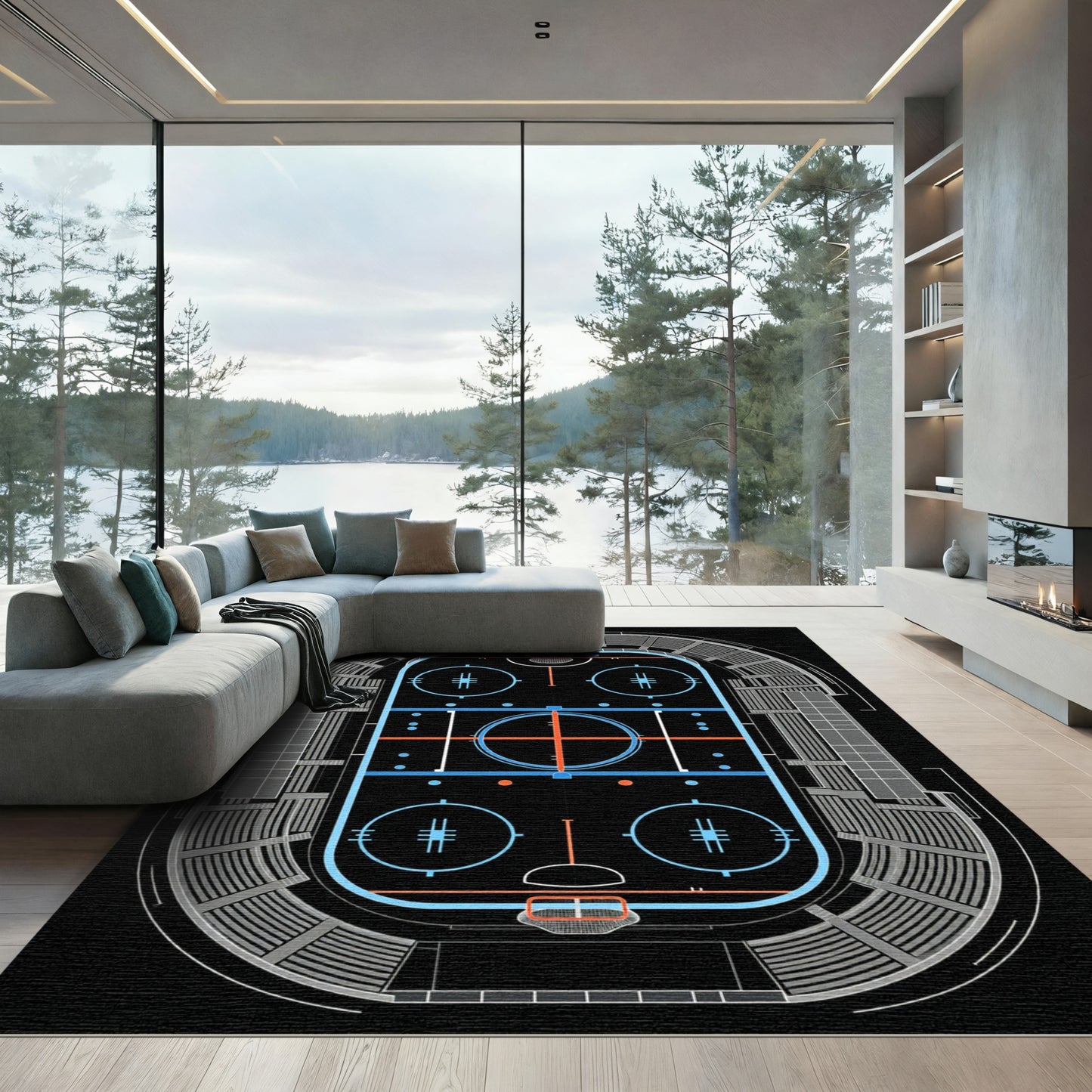 Modern Neon Hockey Rink Illustration Rug