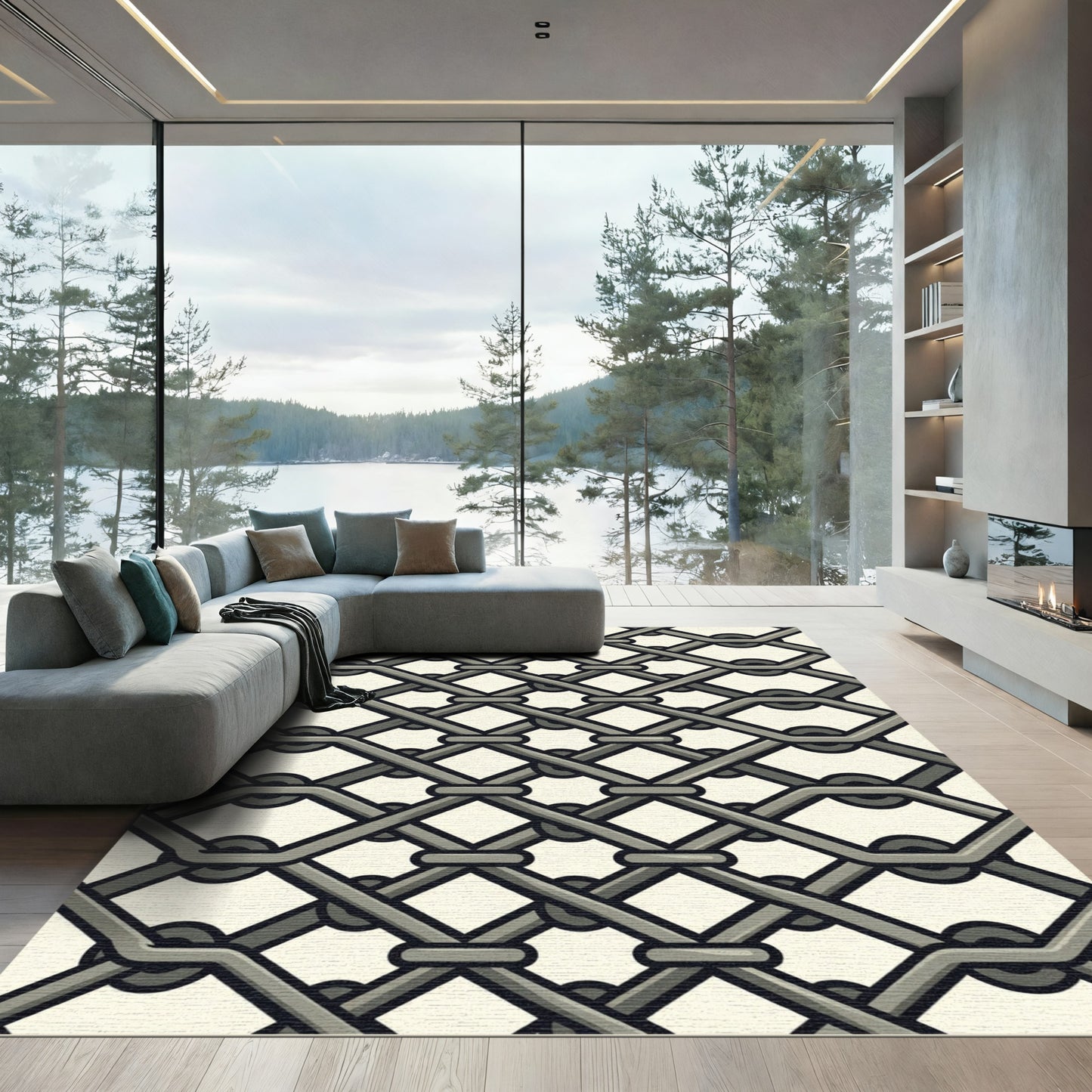 Gray Interlocking Lattice Diamond Rug