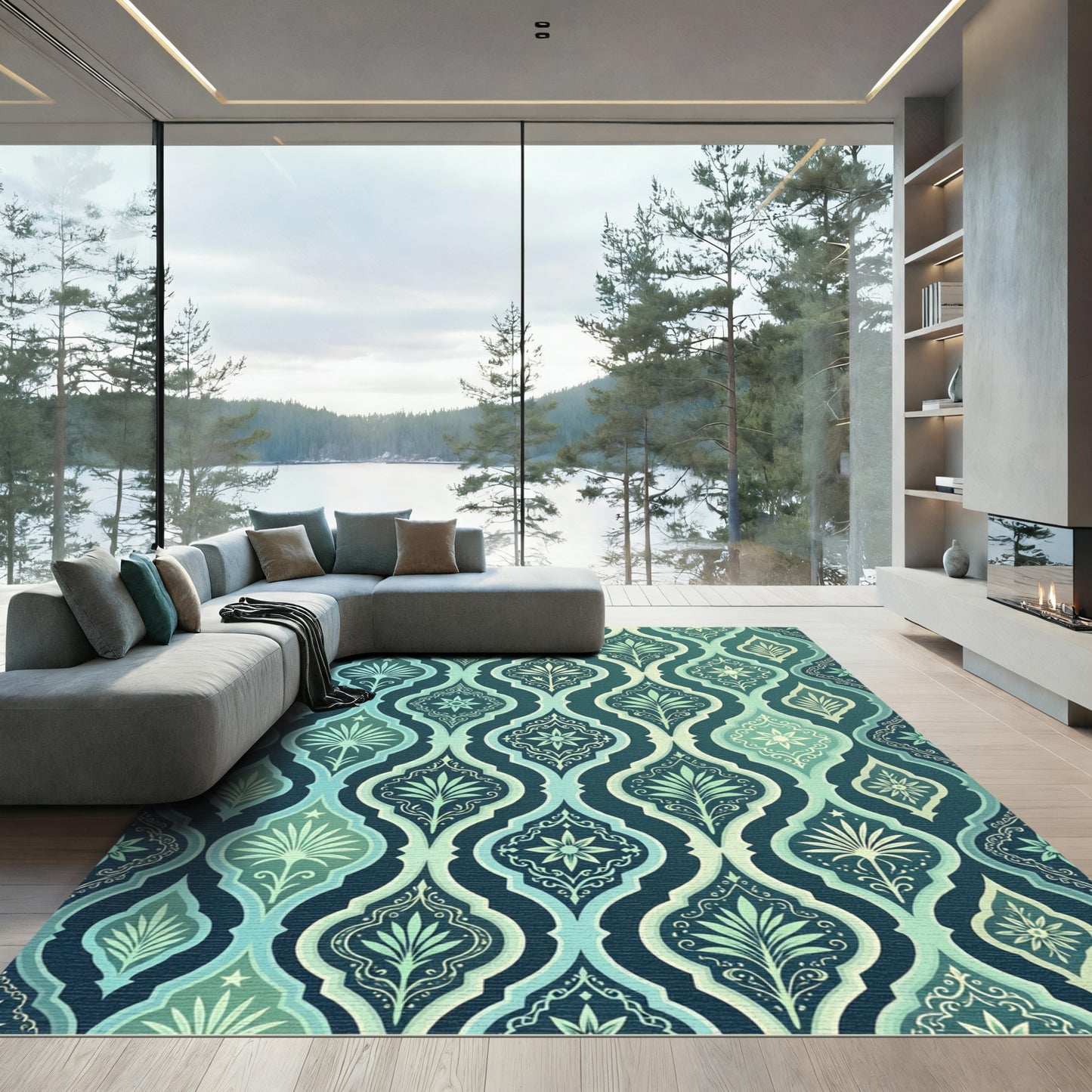 Elegant Teal Damask Ogee Botanical Tile Rug