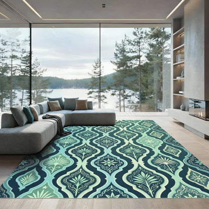 Elegant Teal Damask Ogee Botanical Tile Rug