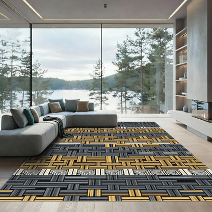 Modern Woven Golden Charcoal Geometric Texture Rug