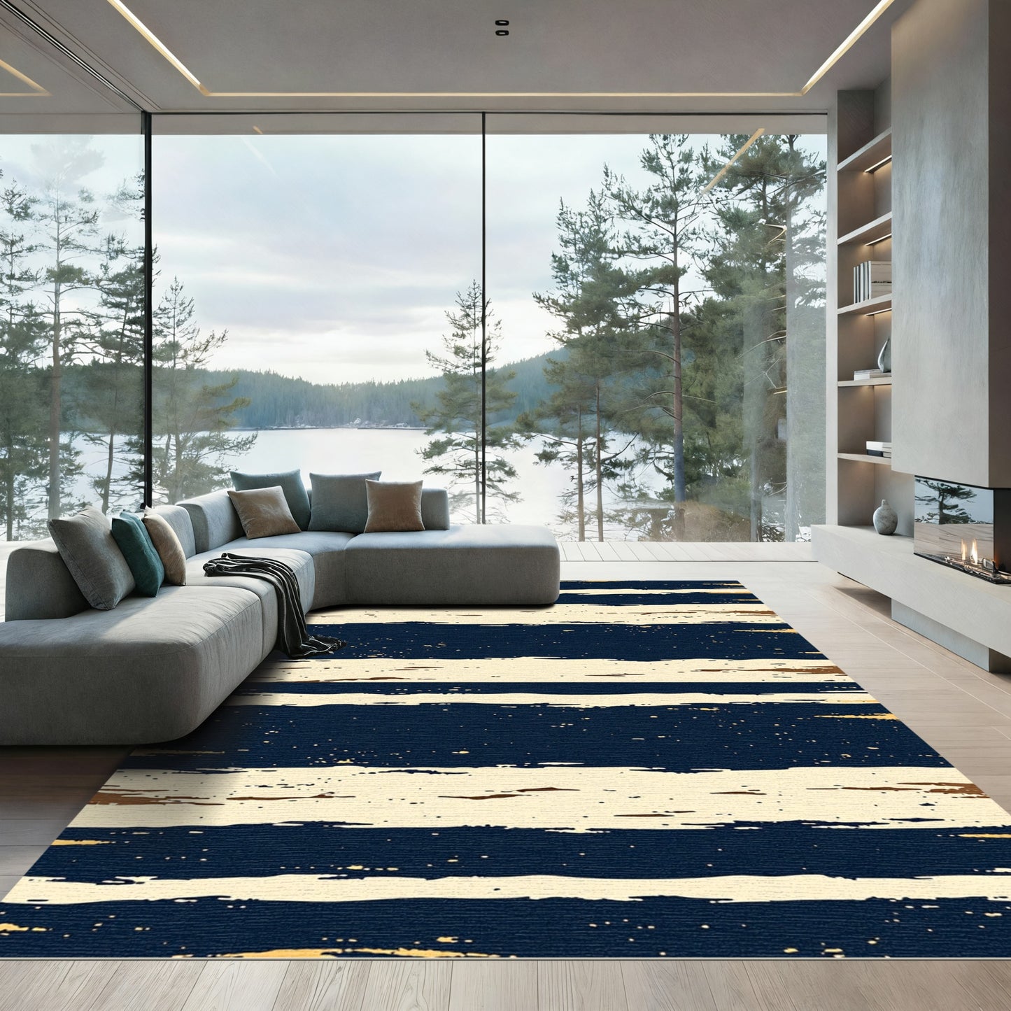 Modern Navy and Cream Distressed Stripe Rug