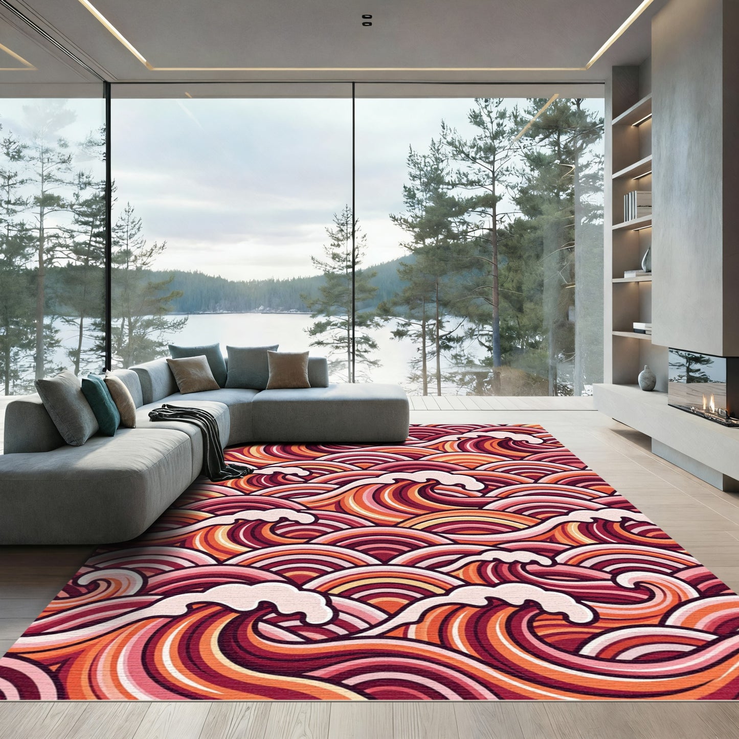 Crimson Orange Abstract Wave Art Rug
