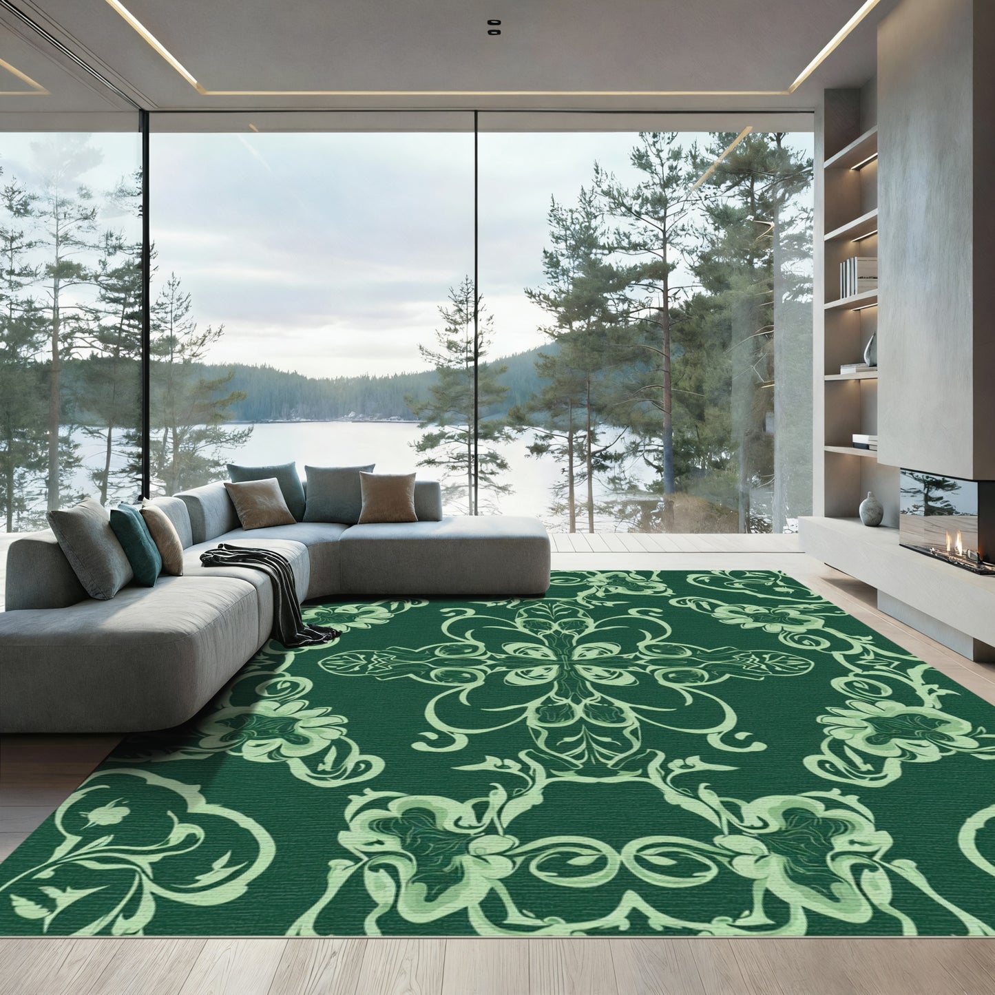 Deep Green Floral Scroll Medallion Rug