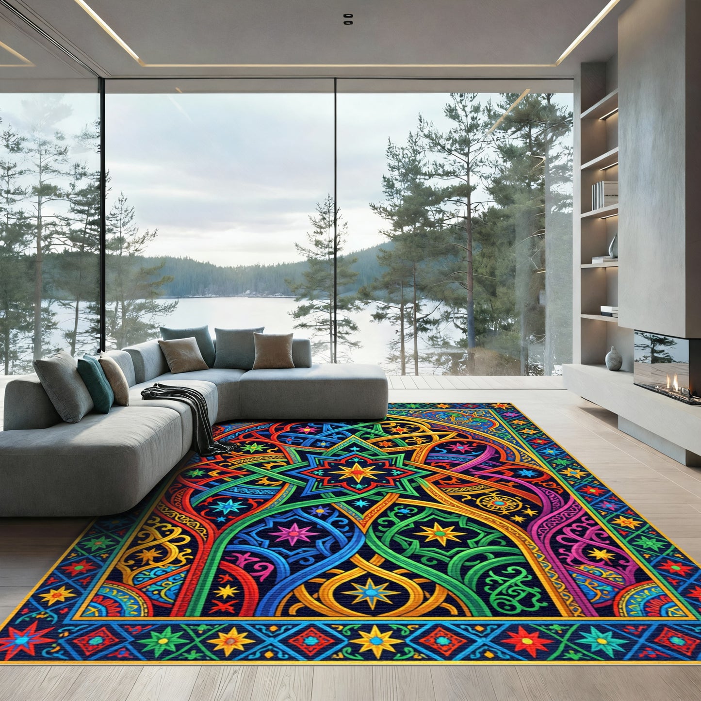 Vibrant Multicolored Geometric Celestial Starry Kaleidoscope Rug