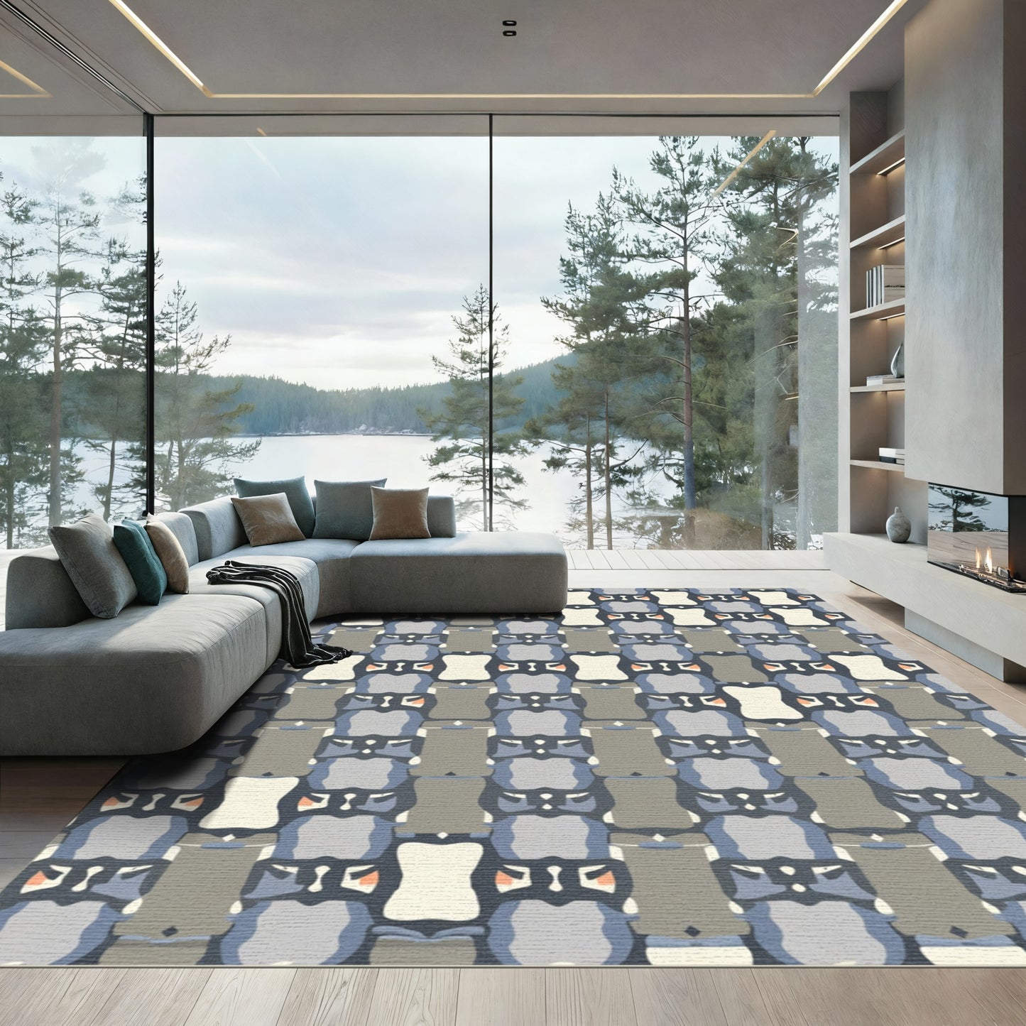 Abstract Blue Gray Tan Geometric Shapes Rug