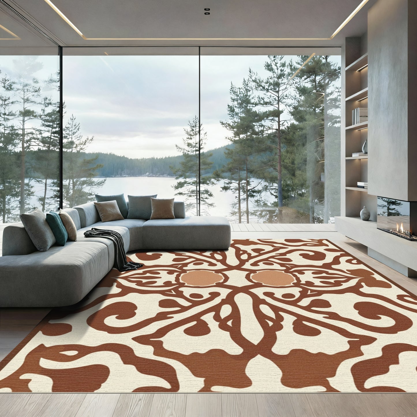 Symmetrical Earth Tones Scrollwork Rug