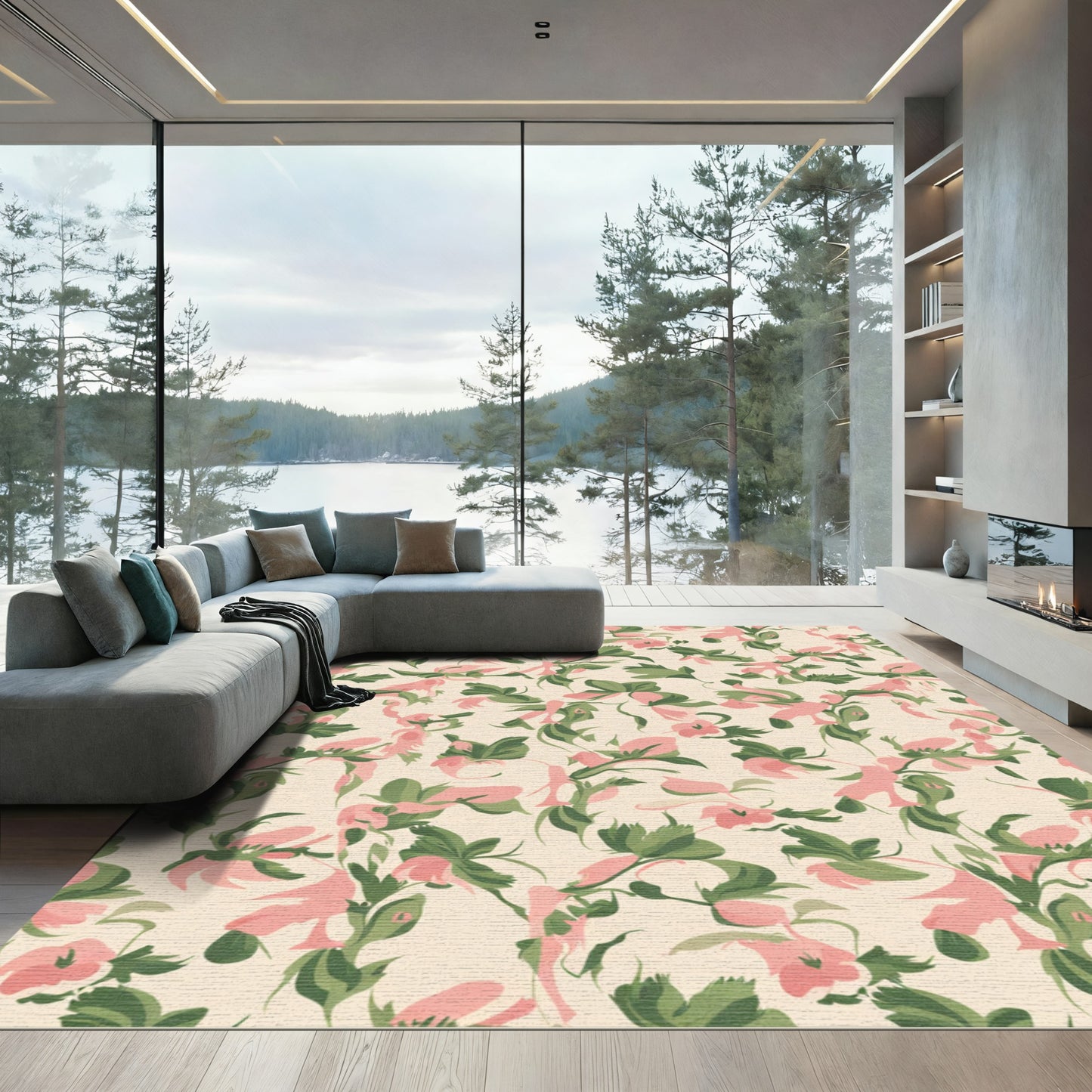 Soft Pink Cream Floral Vine Rug