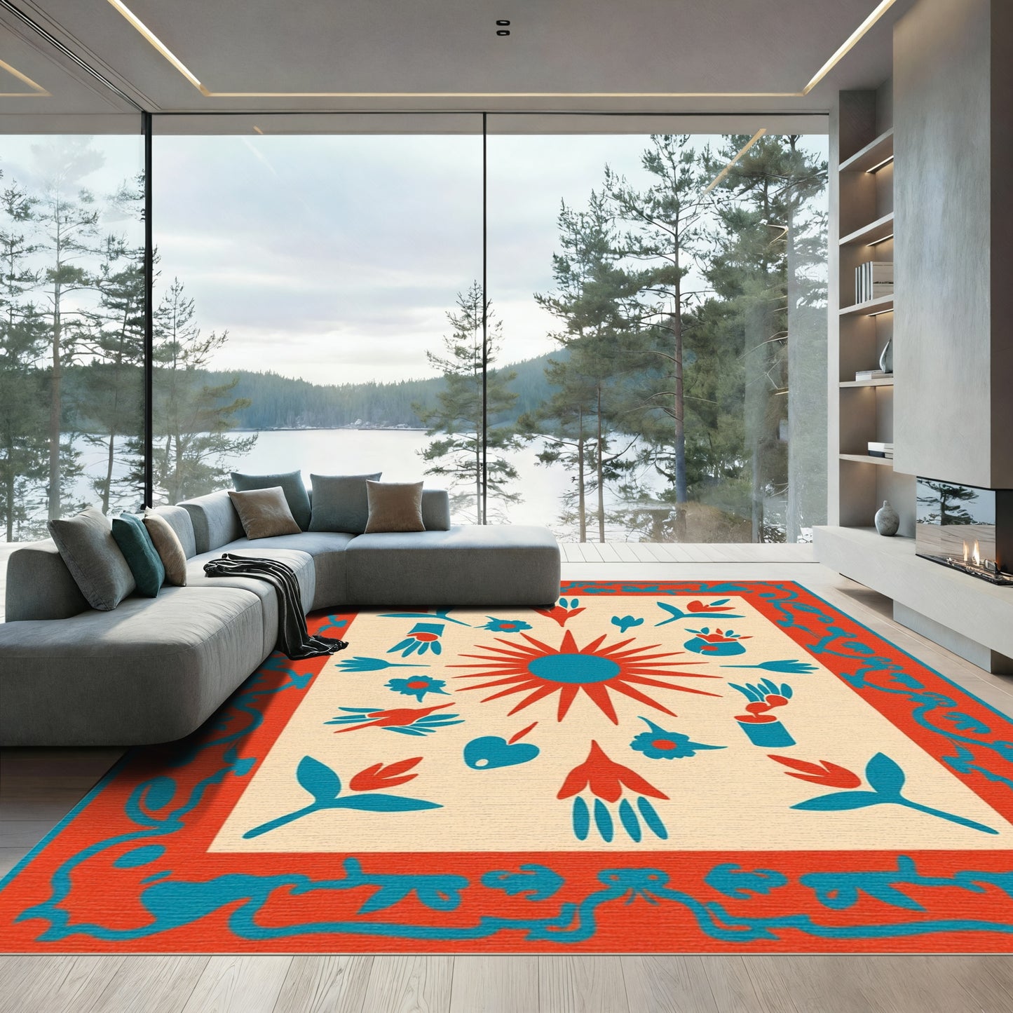 Red Teal Sun Folk Art Rug