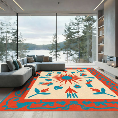 Red Teal Sun Folk Art Rug